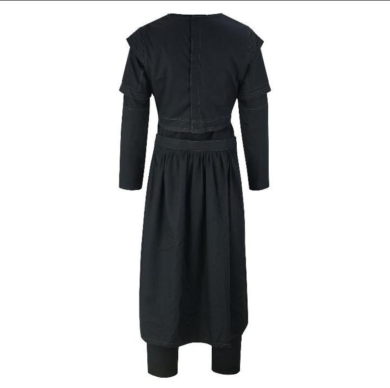 May include: A black, long-sleeved dress with a layered bodice and a gathered skirt. The dress features a high neckline and fitted leggings. The back of the dress is visible, showcasing the stitching details and design.
