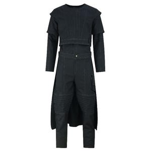 May include: Black two-piece outfit with a long-sleeved top and pants. The top has a cropped design with a high collar and shoulder accents. The pants have a unique design with knee padding and a long skirt-like panel.
