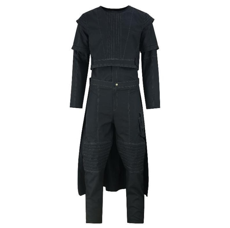 May include: Black two-piece outfit with a long-sleeved top and pants. The top has a cropped design with a high collar and shoulder accents. The pants have a unique design with knee padding and a long skirt-like panel.