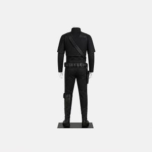 May include: A black costume on a mannequin. The outfit features a short-sleeved shirt, trousers, belt, holster, and boots. A strap crosses the chest. The mannequin stands on a black base against a white backdrop.
