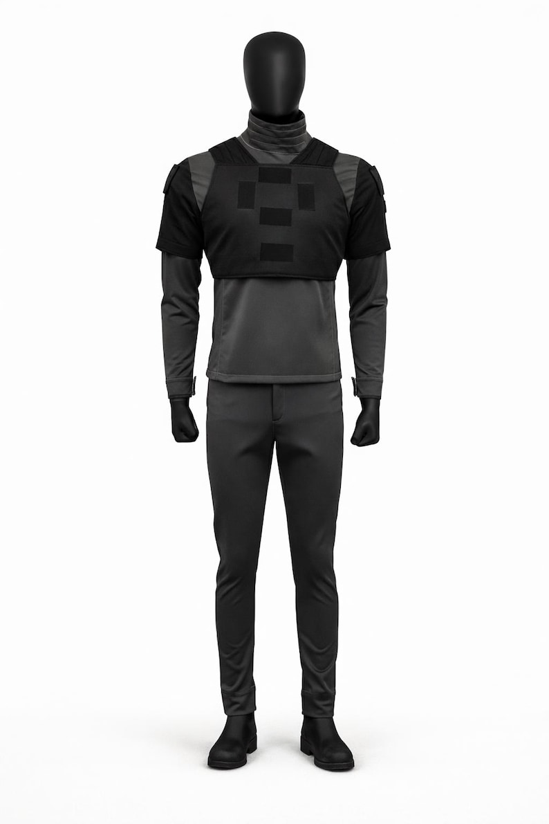 May include: A mannequin showcases a tactical outfit. The outfit comprises a black short-sleeved vest with a grid design, a long-sleeved grey shirt, and matching grey trousers. The mannequin also wears black gloves and boots, creating a cohesive, functional look.