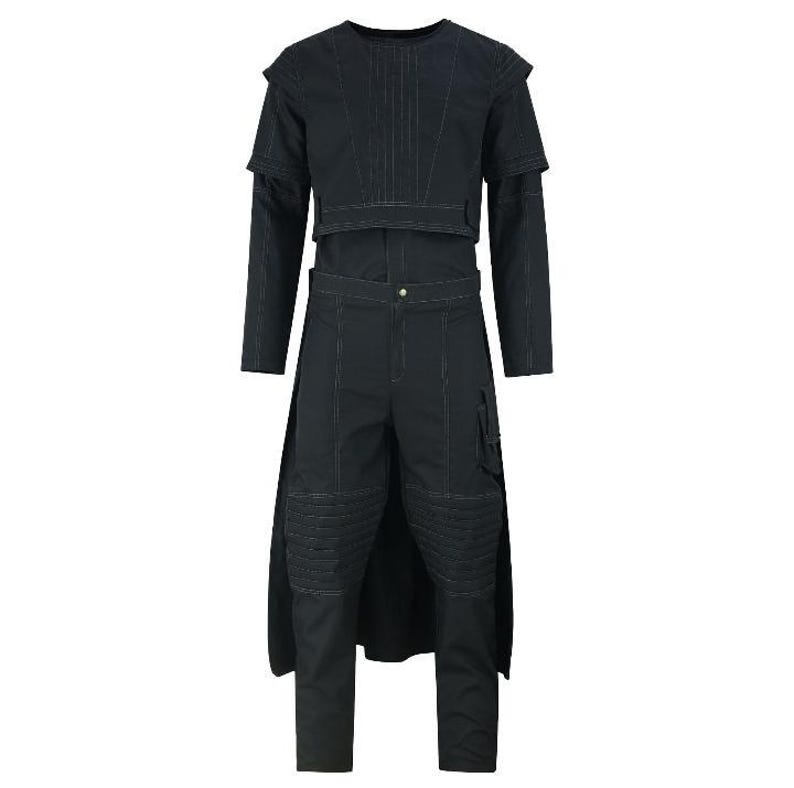 May include: Black two-piece outfit with a long-sleeved top and pants. The top has a cropped design with a high collar and shoulder accents. The pants have a unique design with knee padding and a long skirt-like panel.