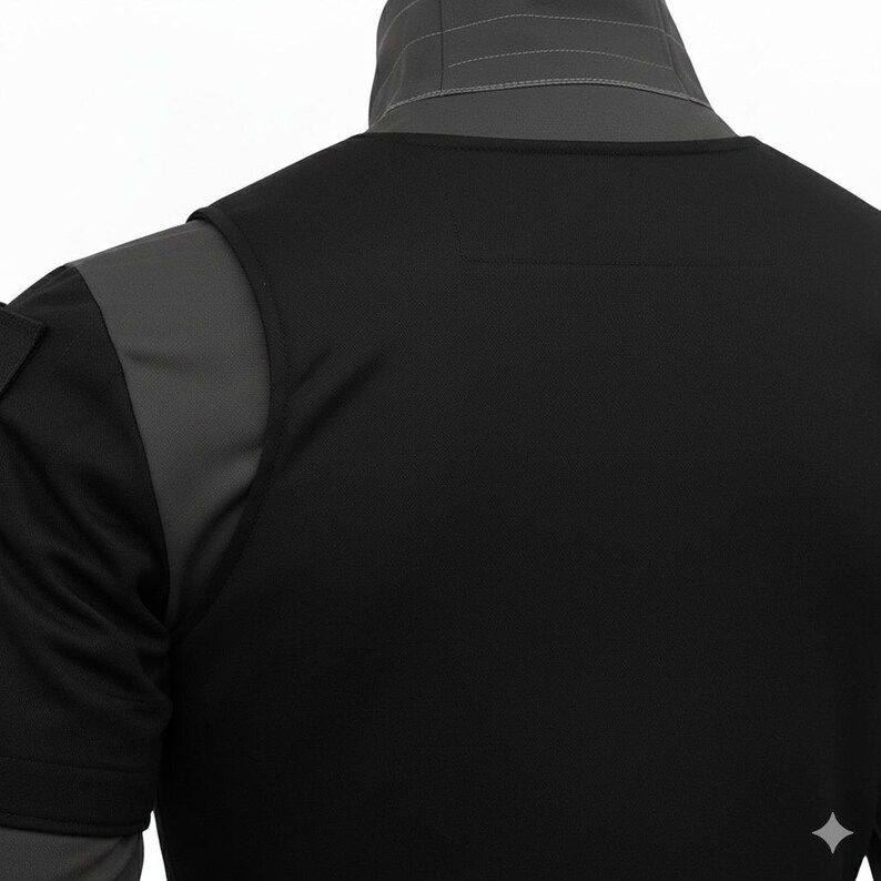 May include: Black athletic shirt with grey shoulder and neck accents. The shirt has a crew neck and short sleeves. The back of the shirt is plain black. The collar is grey with a subtle design.