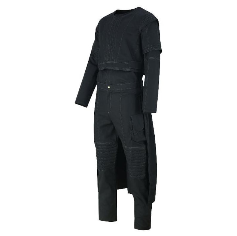 May include: Black jumpsuit with a long-sleeved crop top and matching pants. The outfit features visible stitching details and a unique design with a long, flowing panel on one side. The pants have cargo pockets and quilted knee details.