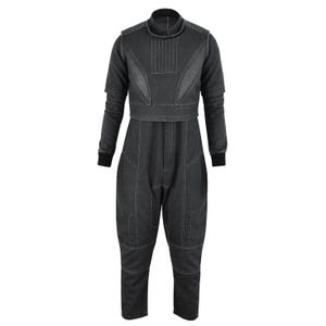 May include: A dark gray jumpsuit with a high collar and long sleeves. The garment features detailed stitching and a unique design, with a cropped top and a relaxed fit in the pants. The cuffs and collar are black.
