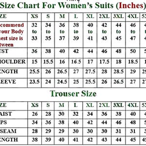 May include: A size chart for women's suits, displaying measurements in inches. The chart includes bust, shoulder, length, and sleeve measurements for various sizes, from XS to 5XL. Also included are trouser size measurements for waist, hips, inseam, and length.
