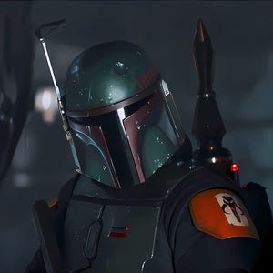 May include: A detailed image of a green and maroon helmet, part of a costume. The helmet has a visor and a rangefinder. The shoulder armor is orange with a symbol. A black jetpack is visible in the background. The overall theme is science fiction.