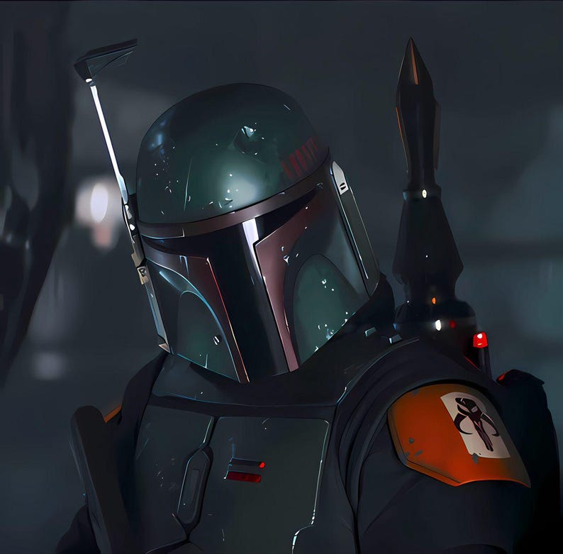 May include: A detailed image of a green and maroon helmet, part of a costume. The helmet has a visor and a rangefinder. The shoulder armor is orange with a symbol. A black jetpack is visible in the background. The overall theme is science fiction.