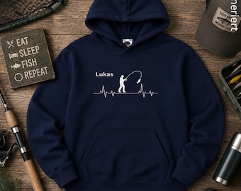 Personalized Kids' Fishing Hoodie with Name | Boys' Fishing Pullover | Kids' Fishing Hoodie | Gift for Little Anglers | Heartbeat