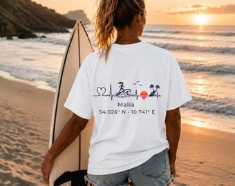 Personalized surf shirt with name & coordinates | Surfer gift | Beach T-shirt | Sunset surf tee | Vacation | Surfing gift