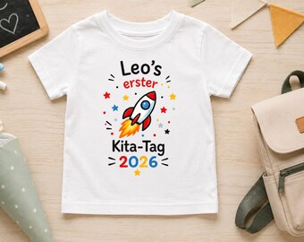 Personalized daycare shirt with name | First day of daycare T-shirt for child | Starting school, nursery, kindergarten | Rocket design | Gift for boy