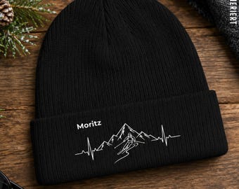 Personalized Ski Beanie with Name, Skier Heartbeat Winter Hat, Custom Ski Gift for Men, Mountain Beanie, Skiing Gift, Après Ski Hat