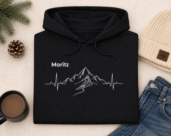 Personalized Men's Ski Hoodie | Ski Pullover with Name | Heartbeat Mountains Skier Design | Gift for Skiers | Winter Hoodie