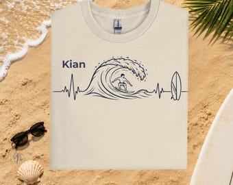Personalized surfer t-shirt with name | Men's surf shirt | Gift for surfers | Waves & heartbeat design | Unique surf gift