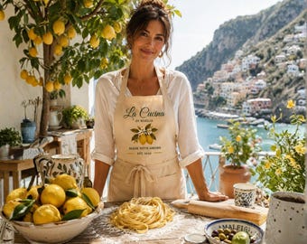 Amalfi Coast apron, personalized lemon apron, Italian-inspired kitchen gift for food lovers, Mediterranean