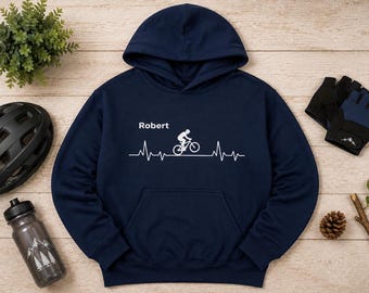 Personalized MTB Hoodie for Kids | Mountain Bike Pullover with Name | Cycling Hoodie for Boys and Teenagers | Gift for Mountain Bikers
