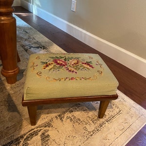 Vintage needlepoint floral footstool mid century