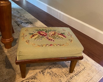 Vintage needlepoint floral footstool mid century