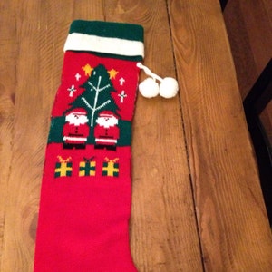 Retro christmas machine knit christmas stocking vintage red with pom poms and twin santas pattern