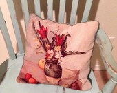 Antique Needlepoint Tapestry Green velvet still life floral velvet pillow