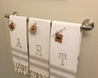 Cotton monogram kitchen dish towel beige machine embroidered wedding birthday gift fringed edge