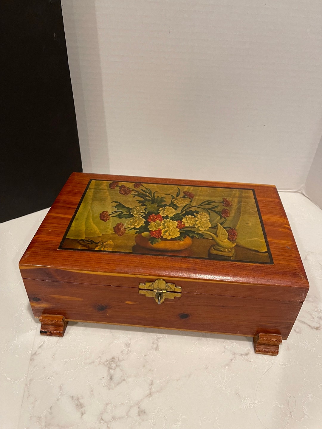 Cedar Box Vintage Souvenir Box Top Decal Flowers Treasure Chest