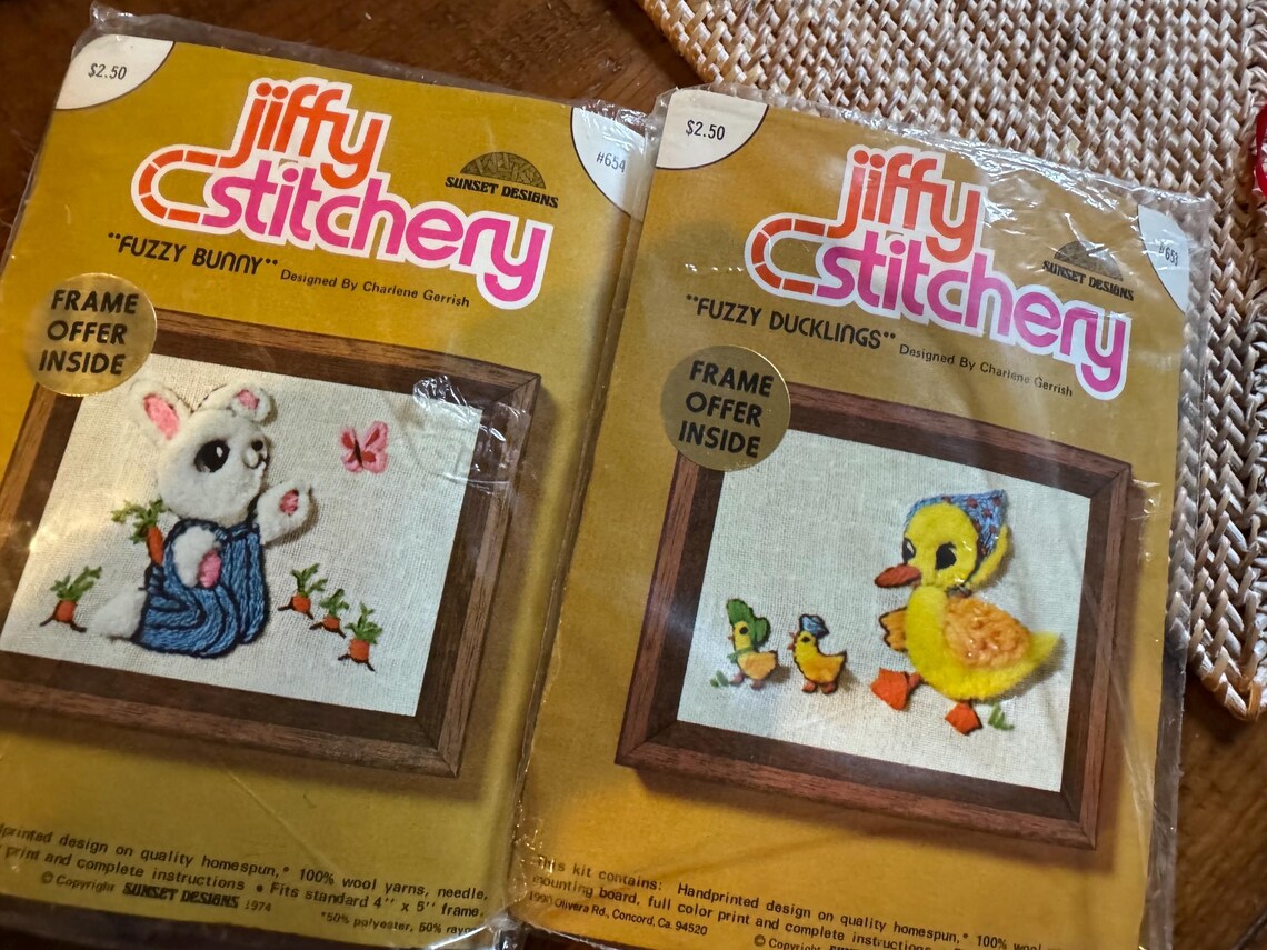 Vintage Jiffy Stitchery Embroidery Crewel Kit Fluffy Duckling Bunny ...