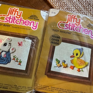 May include: Two Jiffy Stitchery embroidery kits, one featuring a fuzzy bunny with a butterfly and the other featuring fuzzy ducklings. Both kits are $2.50 and include a frame offer inside.