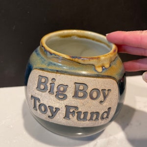 TUMBLEWEED POTTERY Big Boy Toy Fund Money Jar Blue Black Man cave Coin Collector