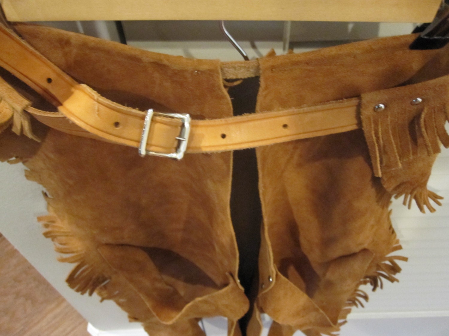 Ceinture Western Cowboy En Cuir Daim Noir Avec Franges - Taille S-M Enfants/ados - Vintage - Occasion