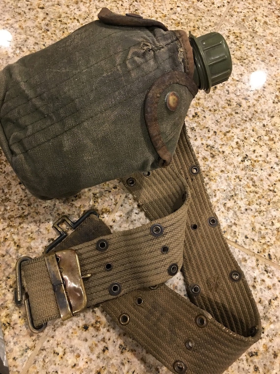 Old army canteen and belt rustic military green Gem
