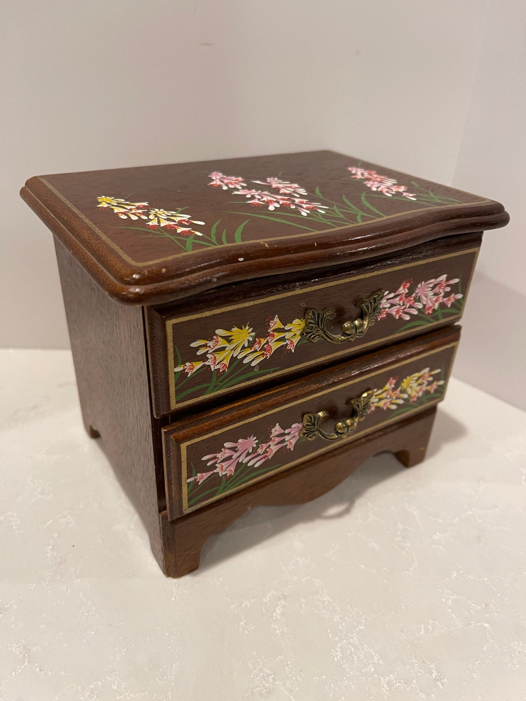 Wood Vintage Jewelry Box With Gold Velvet Lined Inside Music Etsy