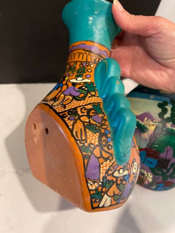 Vintage Colorful Hand-painted Terracotta Red Clay Pottery Mexican
