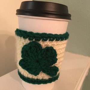 Shamrock coffee cozy handmade crocheted green saint patrick clover unique gift