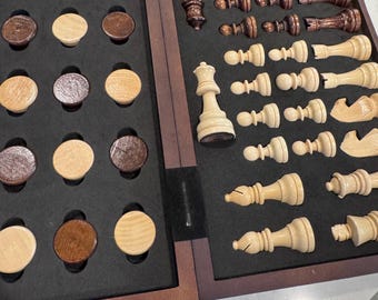 Amerous Two In One Wooden Hand Made Chess & Checkers Set