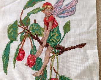 Pixie fairy boy on a cherry limb stitchery cross stitch imp art