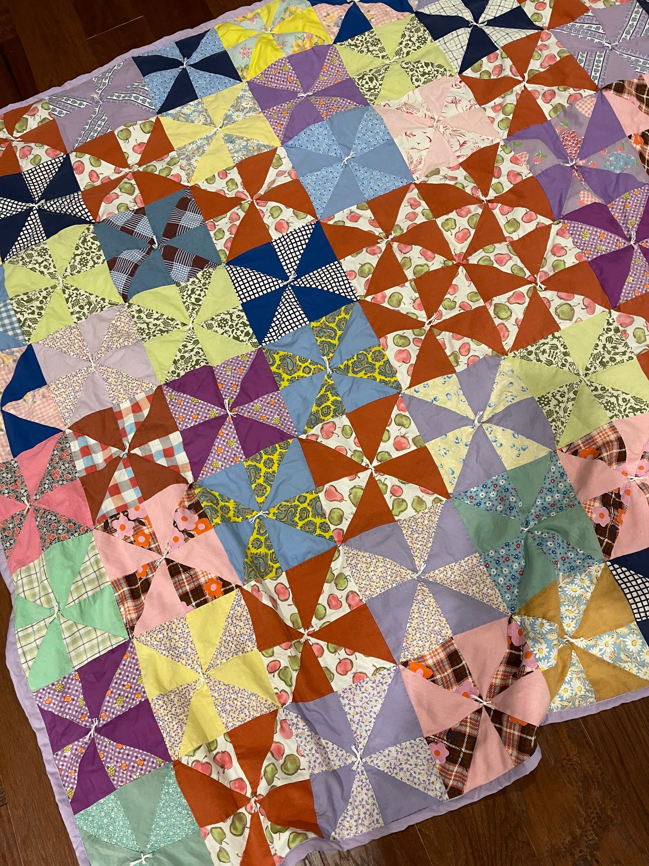 Vintage 70s Fabric Cotton Summer Quilt Hand Tied Star