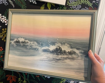 Original watercolor painting framed beach ocean waves framed 1986