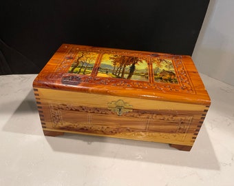 Hand Carved Cedar Jewery Box with Mirror Flip Down Lock- Decopage fall trees  On Top Of Lid  Tongue and Grove Corners treasure chest
