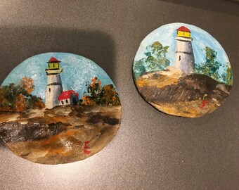 2 hand painted sand dollars vintage MAGNET for the refrigerator or locker lighthouse theme