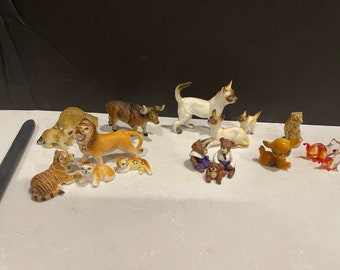 vintage mini figurines racoon cat fawn tiger lion water buffalo 3 bears bone china