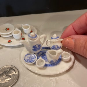 Miniature tea set dollhouse gold rose victorian blue