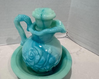 Vintage AVon Jadite Glass Aqua Blue Green Empty Pitcher Bowl Set with Stopper  Cologne Bottle empty