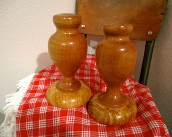 Carved wood chunky candle sticks Country