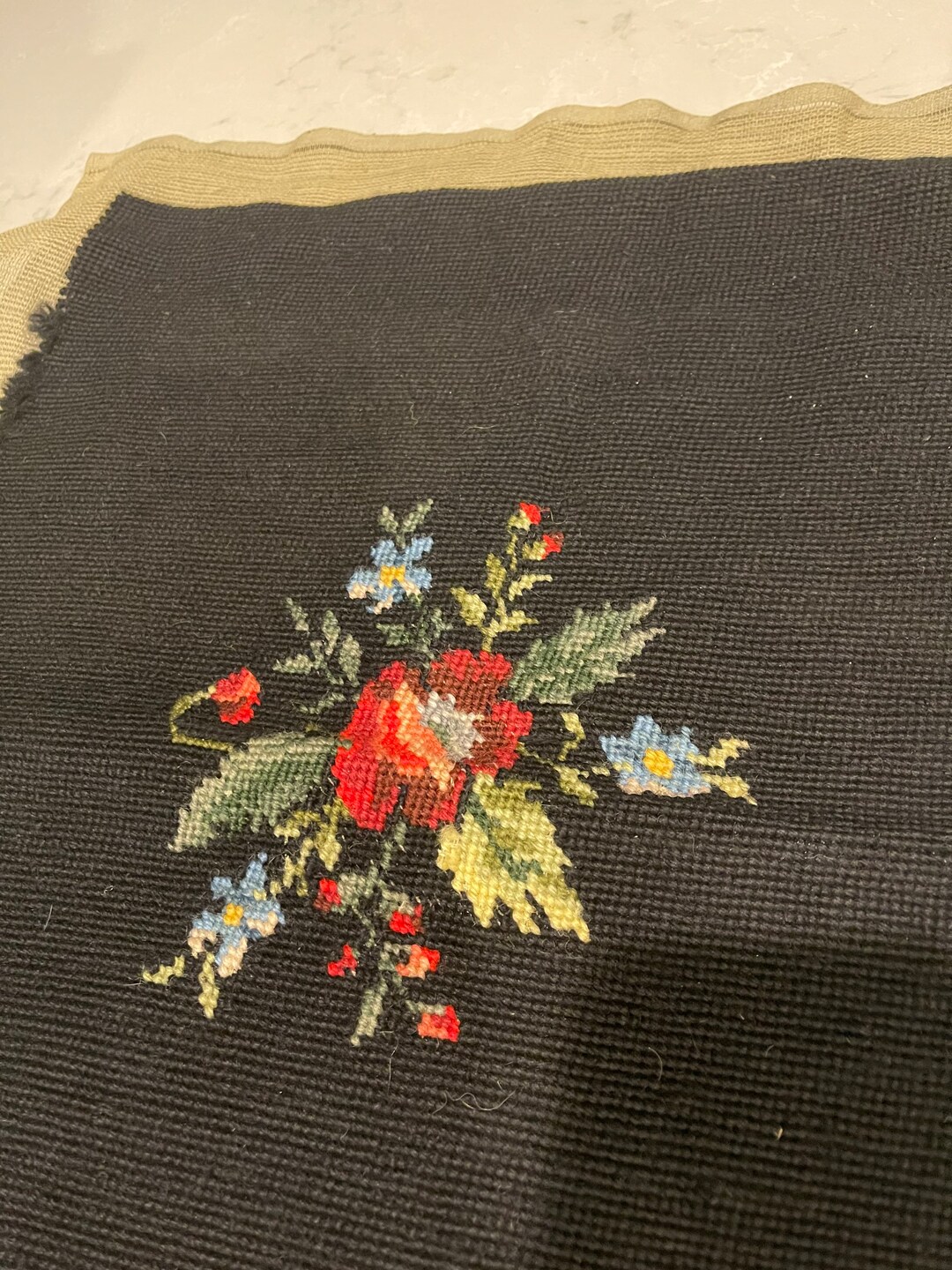 Vintage Finished Needlepoint Seat Cover Flowers 18 X 15 Etsy