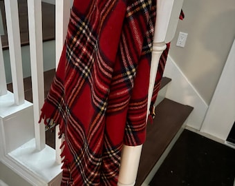 Vintage Blanket  wool stadium picnic red black yellow Plaid Fringed