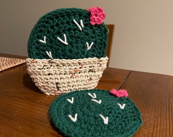 Handmade crochet cactus blooming coaster set