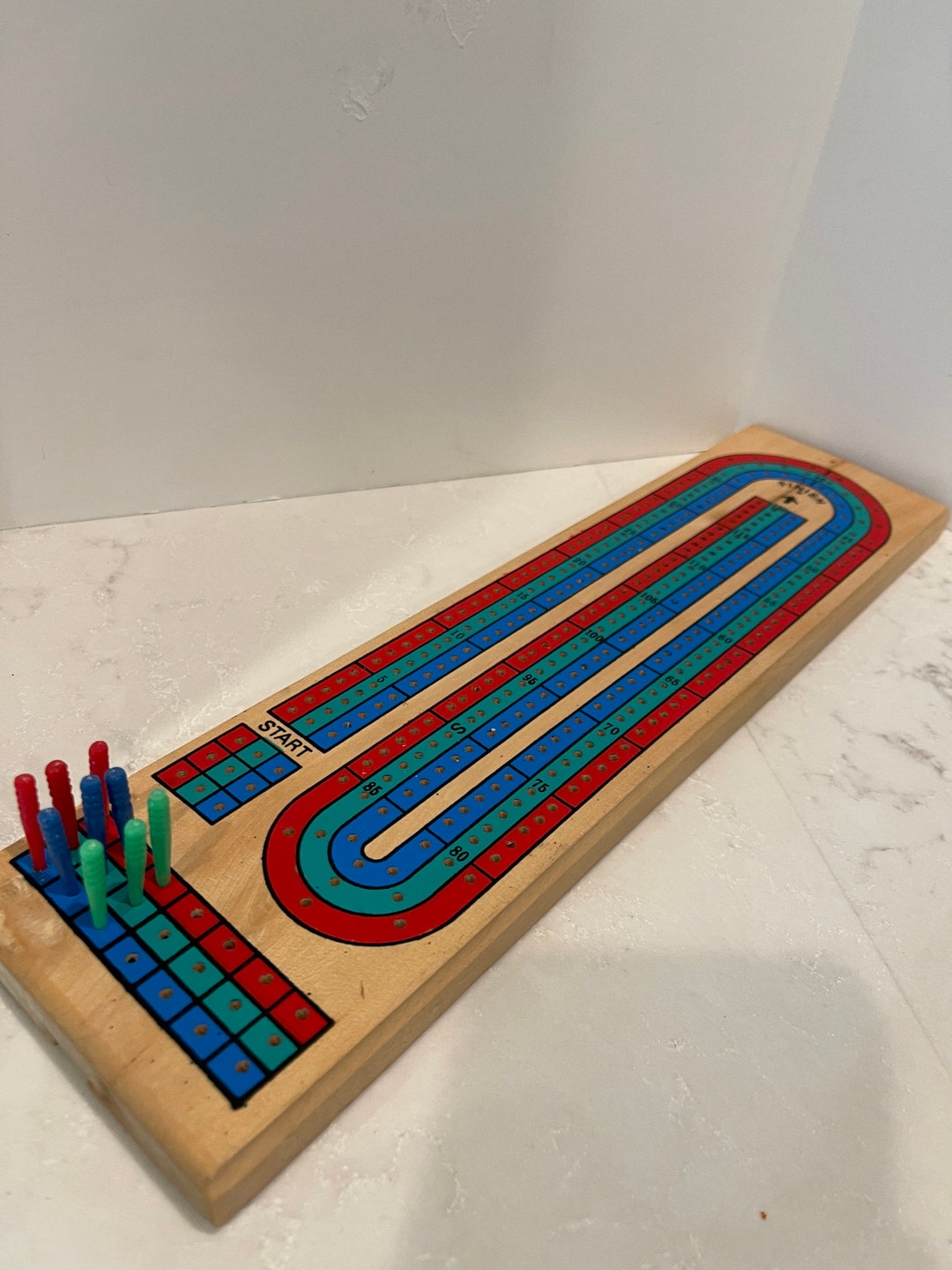 Vintage Natural Finish Cribbage TRIPLE Board With 9 Plastic Pegs