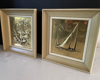 Mid century embossed brass fishing sailboat framed wall art set of 2