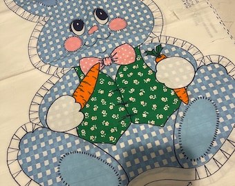 Blue gingham cottontail rabbit bunny FABRIC PANEL